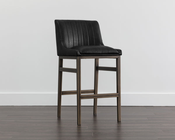Sunpan Halden Urban Bar Stool with Bold Channel Tufting and Rustic Bronze Steel Frame for Stylish Spaces Vintage Black