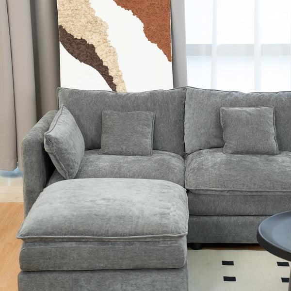 English Elm U Shaped Sectional Cloud Couch for Living Room 144" Plush Modular Sofa with Ottoman Storage Console Cupholders Grey W3276S00012