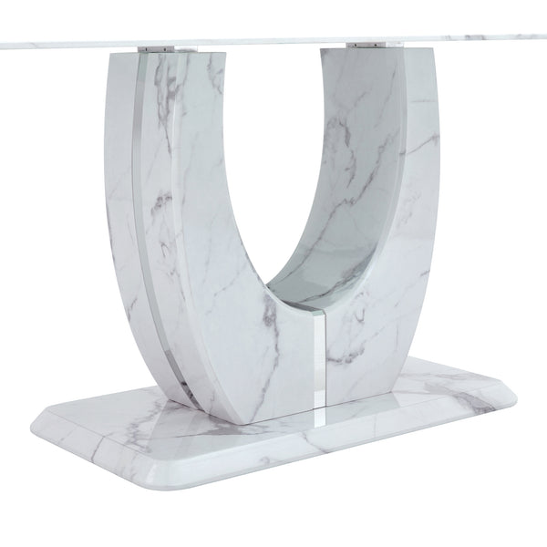 English Elm Table and Chair Set Modern Marble Glass Top Dining with Six Pu Leather Seats W1151S02125