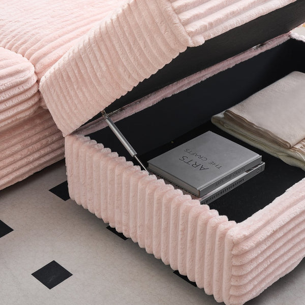 English Elm 82 Inches Pink Corduroy Sofa With Storage Footstool & 4 Pillows – Stylish Comfort For Your Living Room W1658S00105