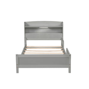 English Elm Twin Pine Wood Bed with Bookcase Headboard LED Motion Sensor Light Guardrails Ample Storage Space Grey W504P277595