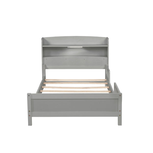 English Elm Twin Pine Wood Bed with Bookcase Headboard LED Motion Sensor Light Guardrails Ample Storage Space Grey W504P277595