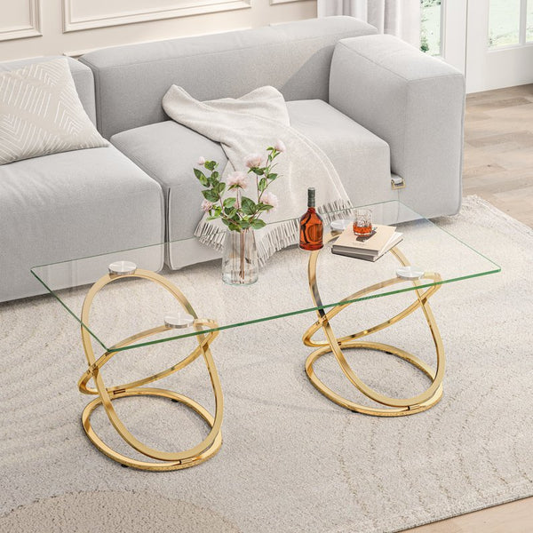 English Elm 31.50'' Sculptural Chrome Ring Base Coffee Table Gray Tempered Glass Luxury Living Room W757P412783