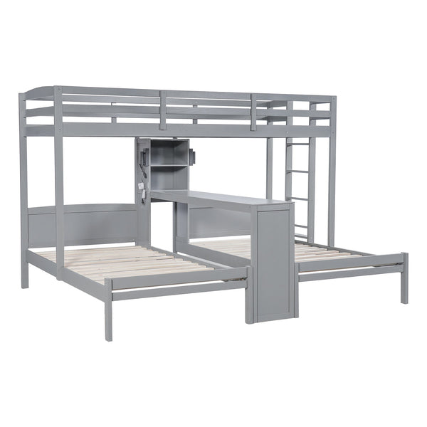 English Elm Twin Triple Bunk Bed with Built in Desk Open Shelving and Led Task Lighting Gray N7090002243E