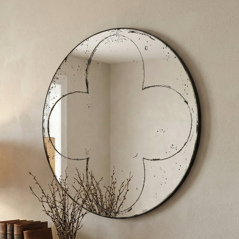 English Elm Round Iron Wall Mirror 36 Inch Weathered Frame Vintage Industrial Foyer Decor W3935P481189