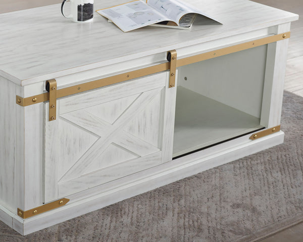 English Elm Rustic Glam Barnwood Coffee Table with Dual-Sided Center Drawer, Open Shelves & Metal Trim Accents Antique White,Gold 51 L x 27 W x 23 H B2741P320884