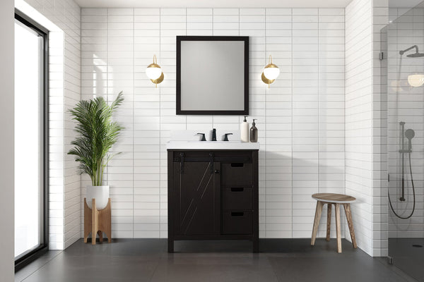English Elm Brown 30 in. Bath Vanity with White Quartz Top, Soft-Close Drawers, Mirror & Ample Storage Space B2731S00713
