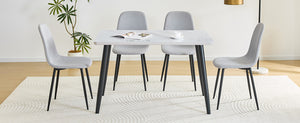 English Elm Table and Chair Set Modern Marble Glass Top Dining for Four with Linen Upholstered Seats W1151S04626