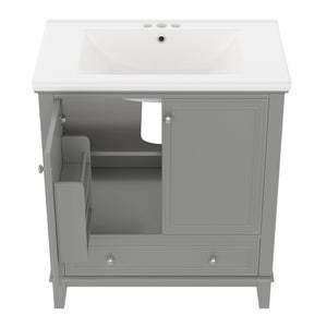 English Elm 30" Bathroom Vanity with Sink — Modern Freestanding 30" Cabinet with Ceramic Top, Drawer, Doors, Shelf Grey N725P221263E