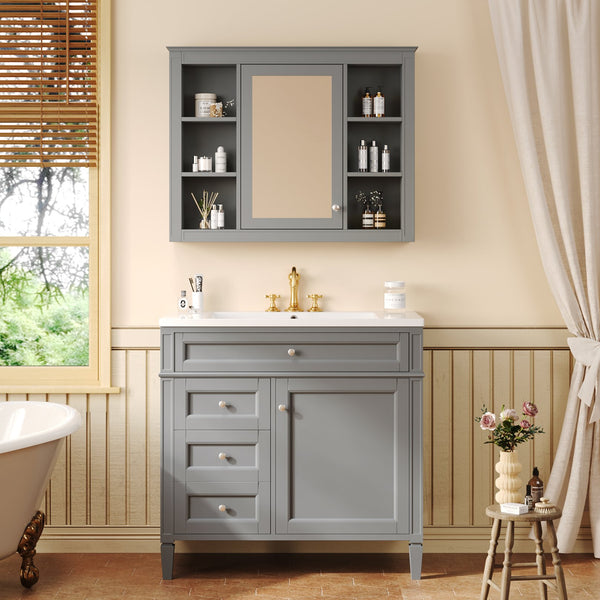 English Elm 36'' Bathroom Vanity With Medicine Cabinet - Modern Grey Storage Solution With Soft-Closing Design SW000134AAE-3