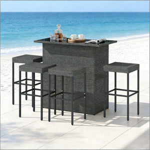 English Elm Bar Height Outdoor Wicker Patio Set with Tempered Glass Table and Four Stools Dark Gray T3971S00211