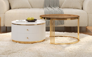 English Elm Modern Round Nesting Coffee Table Set with Gold Pedestal Legs and Storage Drawers Brown,White N735P349323D