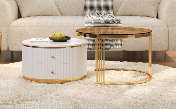 English Elm Modern Round Nesting Coffee Table Set with Gold Pedestal Legs and Storage Drawers Brown,White N735P349323D