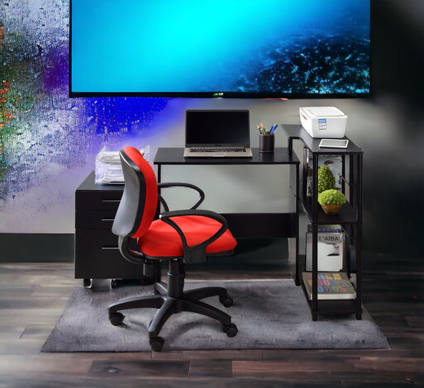 English Elm Levi L-Shaped Black Finish Writing Desk with 3-Tier Side Shelf, Durable Metal & Composite Wood Build B2726P243693