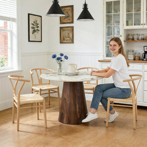 English Elm Table and Chair Set 42 Inch Round Stone Look Top with Wishbone Iron Dining Seats W2920S00145