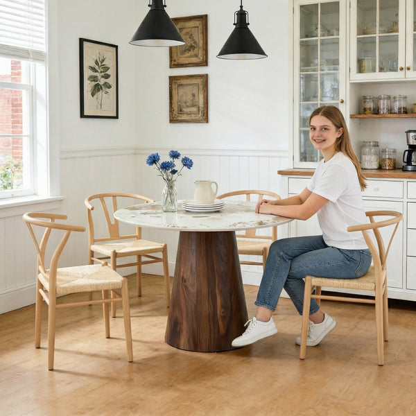 English Elm Table and Chair Set 42 Inch Round Stone Look Top with Wishbone Iron Dining Seats W2920S00145