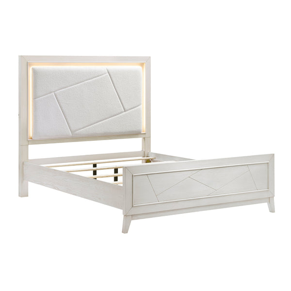 English Elm Antique White Oak Queen Bed Ivory Chenille Headboard Led Glow Geometric Modern B011S01615