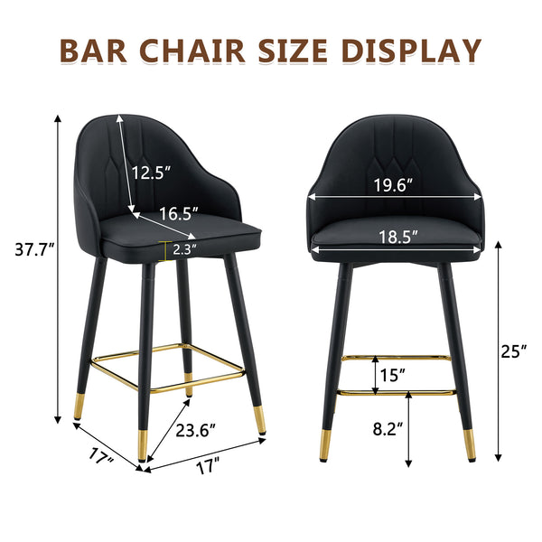 English Elm Set of 2 Pu Leather Barstools with Gold Footrest Curved Back for Kitchen Island Black W1151P383770