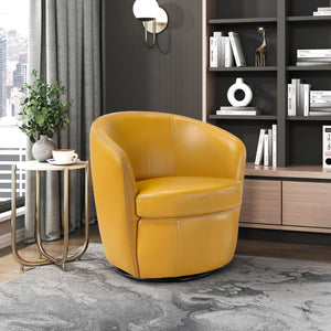 English Elm Luxury Top Grain Leather Swivel Barrel Chair with Solid Wood Frame, 360° Rotation, Removable Cushion Cover, No Assembly Required Yellow 32 L x 30 W x 33.5 H B011P308558