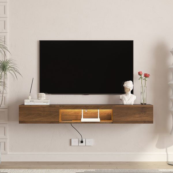 English Elm Floating TV Stand Wall Mounted 63" Modern Wood Floating TV Cabinet with 16-Color LEDs, Cable Management, Large Storage and Easy Install W1321P330270