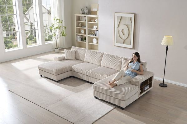 English Elm Convertible U-Shaped Sofa With Storage, Cozy Corduroy Fabric, Modern 4-Seat Design For Living Rooms W1793S00027