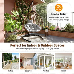 English Elm U_style Wicker Hanging Egg Chair with Stand Foldable Indoor Outdoor Swing Seat Brown+Gray N711P389502G