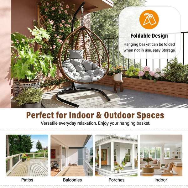 English Elm U_style Wicker Hanging Egg Chair with Stand Foldable Indoor Outdoor Swing Seat Brown+Gray N711P389502G