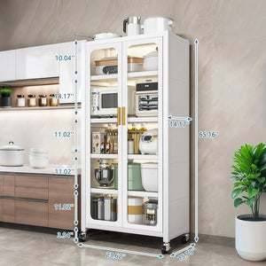 English Elm 65" Kitchen Pantry Cabinet with Transparent Double Doors, 6-Tier Adjustable Metal Shelves on Wheels, White Durable Storage Solution W3204P383016