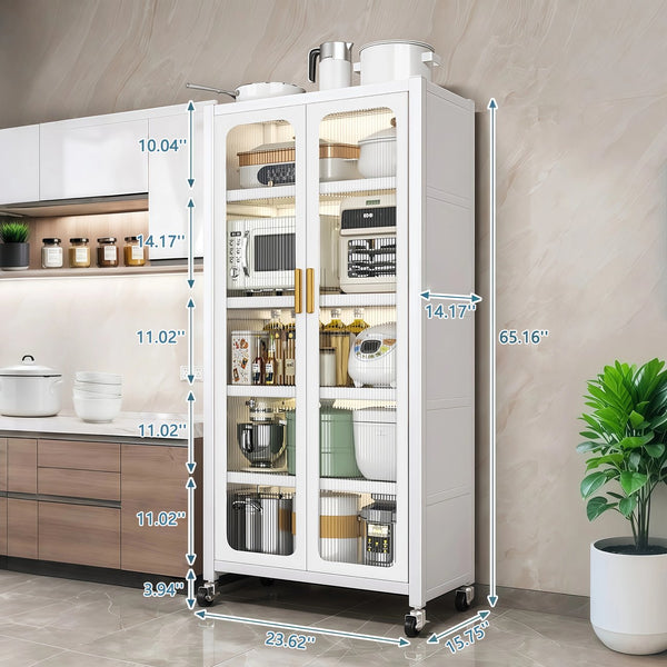 English Elm 65" Kitchen Pantry Cabinet with Transparent Double Doors, 6-Tier Adjustable Metal Shelves on Wheels, White Durable Storage Solution W3204P383016
