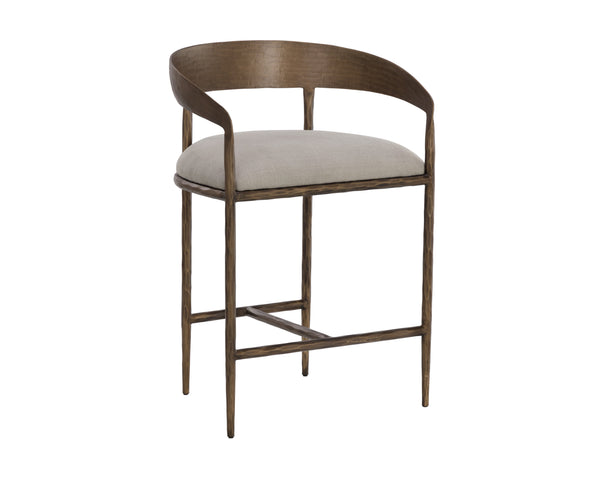 Sunpan Zanatta Stylish Barstool with Antique Brass Frame and Unique Hammered Metal Detailing for Any Space Zenith Taupe Grey