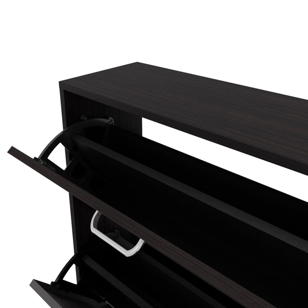 English Elm PIECES Slim Vertical Shoe Rack with 3 Flip-Down Compartments, Scratch-Resistant Melamine, Modern Organizer Wenge 50 L x 24 W x 6 H B128P387074