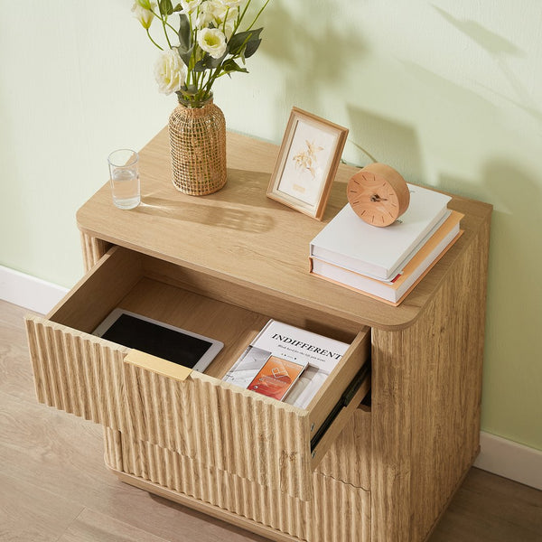 English Elm 3 Drawers Chest - Modern Curved Wave Design Nightstand For Bedroom & Living Room, Oak Finish W1820P337285