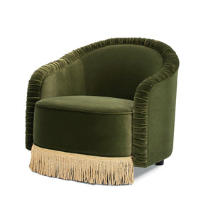English Elm Jennifer Taylor Home - Serena Olive Green Performance Velvet Barrel Back Accent Chair with Ruched Texture & Bullion Fringe Elegance B2719P355285