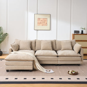 English Elm Beige Chenille Sectional Sofa with Modular Ottoman for Living Room or Studio Coffee W2603S00002