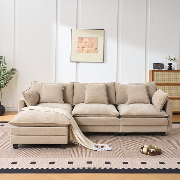 English Elm Beige Chenille Sectional Sofa with Modular Ottoman for Living Room or Studio Coffee W2603S00002