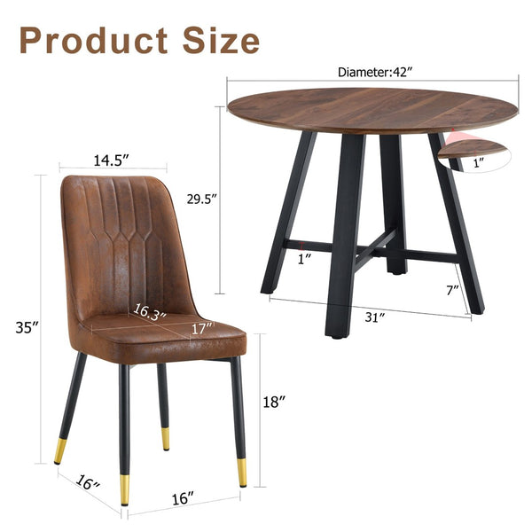 English Elm Table & 4 Chairs Set - Modern Minimalist 42" Round Dining Table With Deep Walnut Top & Techno-Fabric Seating W1151S03749-GIGA