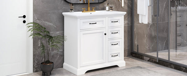 English Elm [video] 36 Inch Freestanding Bathroom Vanity Rubberwood Cabinet with Ceramic Sink Storage White N759P313315K