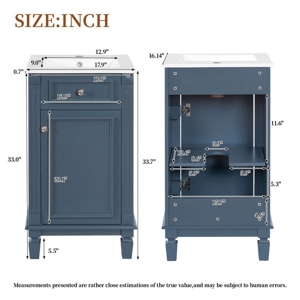 English Elm 18-inch French Country Freestanding Bathroom Vanity Rubberwood Cabinet with Ceramic Sink Blue N710P371187C