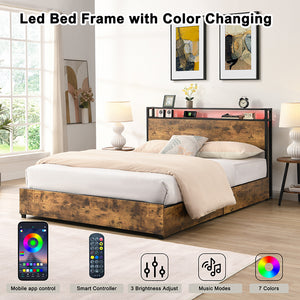 English Elm Queen Bed Frame with Storage Headboard, USB Charging, RGB LED App Control, Sturdy Noise-Free Design W2129P192349