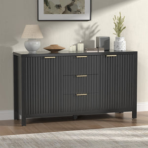 English Elm Sideboard Fluted Credenza with Three Drawers Two Doors Matte Black Modern Storage T3773P417341