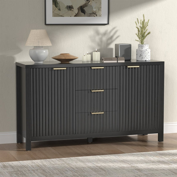 English Elm Sideboard Fluted Credenza with Three Drawers Two Doors Matte Black Modern Storage T3773P417341