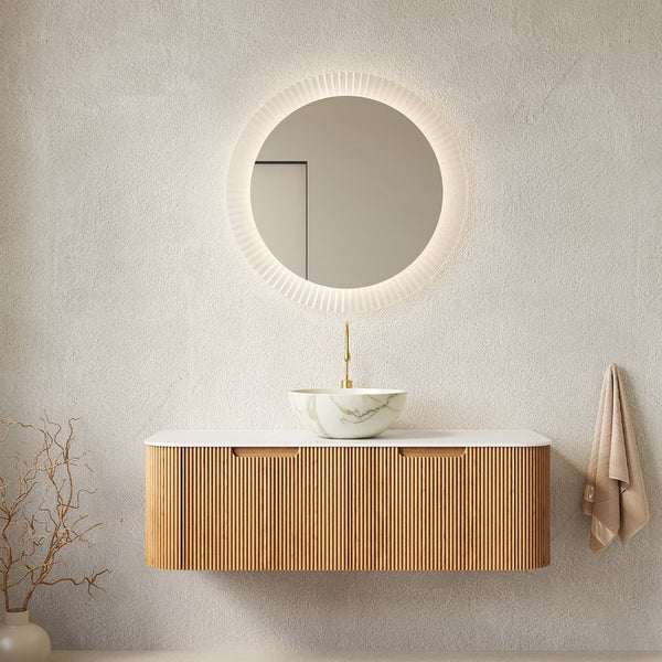 English Elm Dina Floating Bathroom Vanity with Crystal Glass Basin and Sintered Stone Top Natural Wood,White W2615S00695