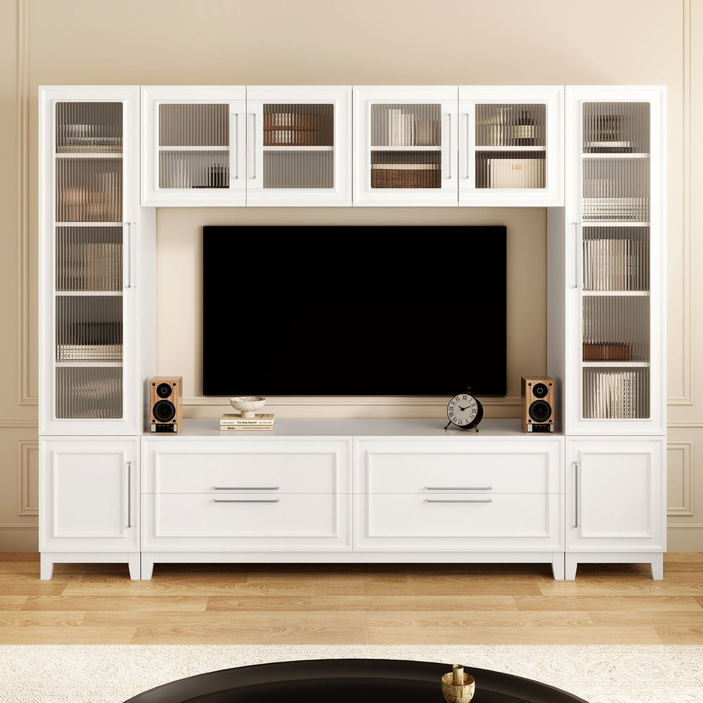 English Elm Vibe Haus Fluted Glass Wall Unit Tall Mdf Entertainment Console for Living Room N893S000011K