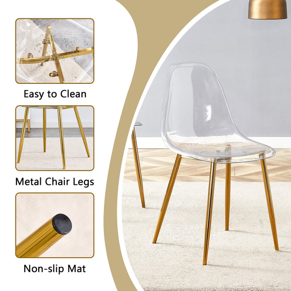 English Elm Table and Chair Set Marble Glass Top Gold Legs Four Seat Dining for Small Spaces Transparent,White+Gold W1151S04638