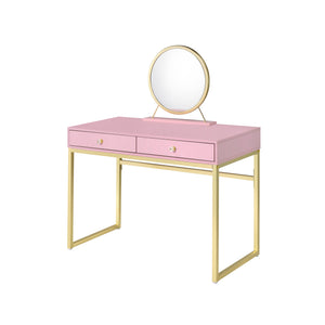 English Elm Coleen Pink & Gold Makeup Vanity Desk with Mirror, Crystal Handles, Jewelry Tray & 2 Drawers Decor B2726P315739