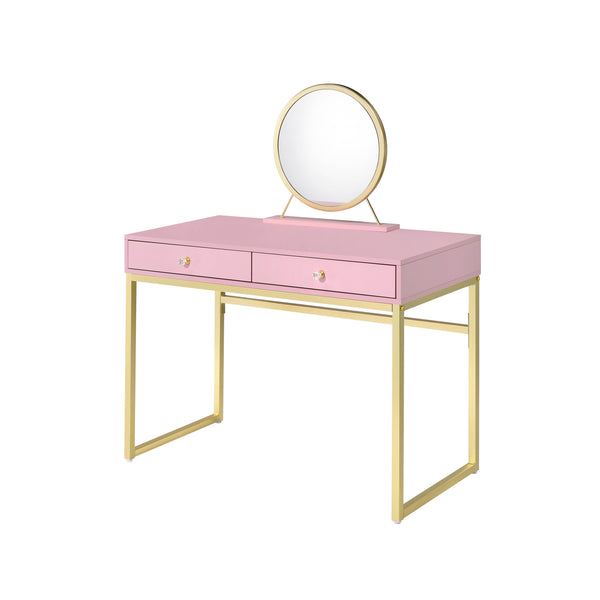 English Elm Coleen Pink & Gold Makeup Vanity Desk with Mirror, Crystal Handles, Jewelry Tray & 2 Drawers Decor B2726P315739