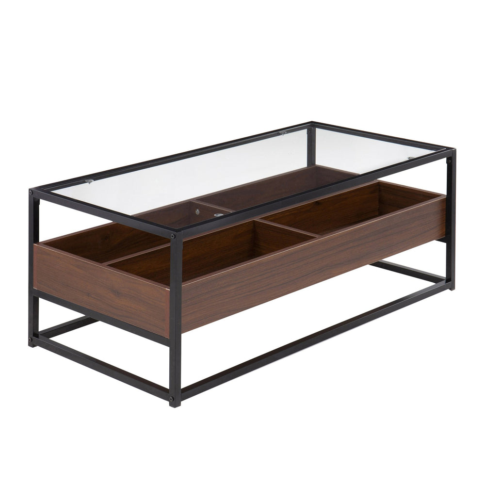 English Elm Contemporary Glass Top Coffee Table with Walnut Storage and Black Steel Frame B202P223305