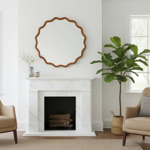 English Elm Yellowish 36in Wavy Round Solid Wood Frame Mirror, Tempered Glass, Rustic Boho Decor for Home W2203P389086