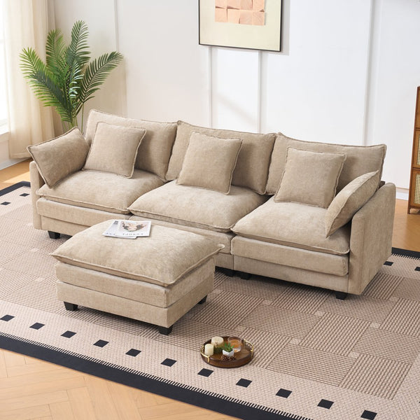 English Elm Beige Chenille Sectional Sofa with Modular Ottoman for Living Room or Studio Coffee W2603S00002