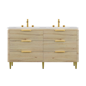 English Elm AMARA 60" Bathroom Vanity with Integrated Sintered Stone Basin, Preassembled Plywood Cabinet with Motion-Activated Light and Soft-Close Drawers Carrara White,White Oak W2615P346338